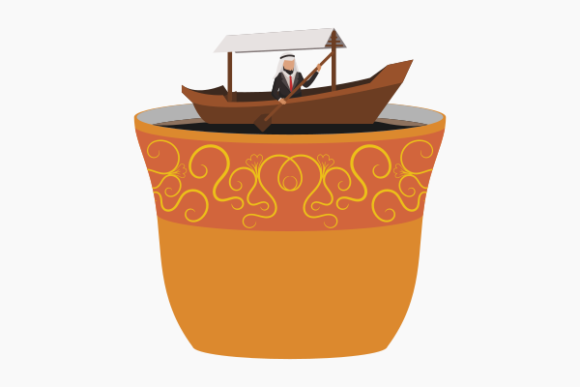 Arab Businessman Rowing Boat on Coffee Graphics