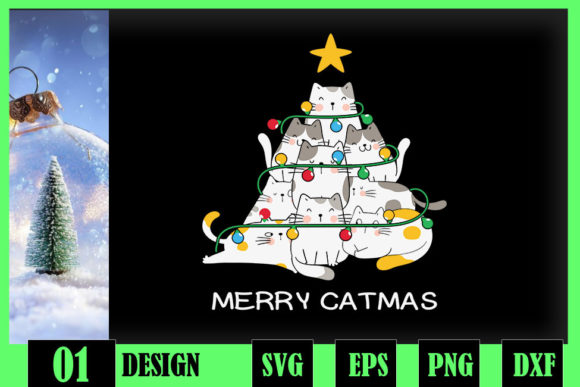 Merry Catmas Cat Christmas Tree Lights Graphics & Crafts