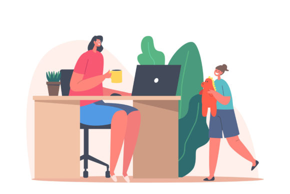 Mother Character Work from Home Office Graphics